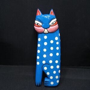 Vintage Hand Painted Blue Dot Lacquer Cat Brooch, Folk Art Style, 4 1/4 Inches
